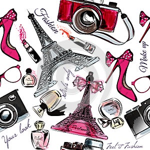 Vector seamless fashion background with perfume Eifel tower shoe