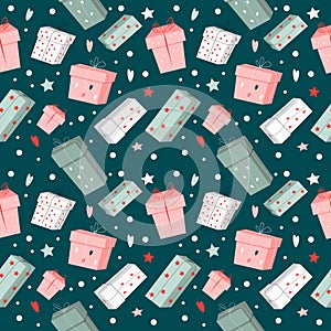 Vector seamless festive pattern for new year or christmas with gift boxes on dark green background