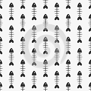 Vector seamless fish bones pattern. Creative funky repeatable background. Black and white design. Textile cartoon endless print