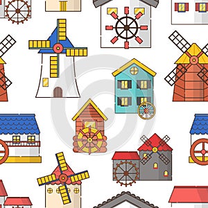 Vector seamless flat cartoon windmills and watermills background