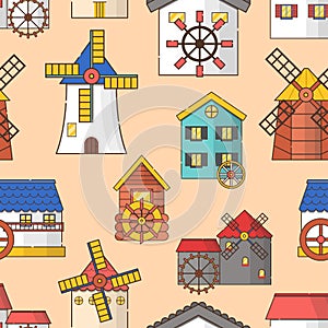 Vector seamless flat cartoon windmills and watermills background