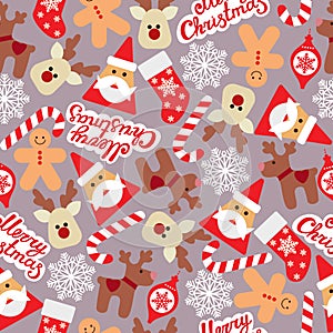 Vector seamless flat pattern with icons of Happy New Year and Christmas Day