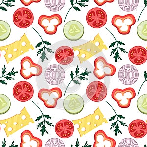 Vector seamless flat pattern with slices of vegetables and cheese. Ingredients for the cooking. Colorful seamless pattern of veget