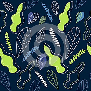 Vector seamless floral abstract pattern. Green, blue leaves and branches and white outline hand drawn plants.