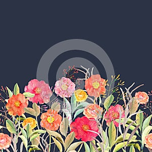 Vector seamless floral border. Isolated roses and wild flowers i