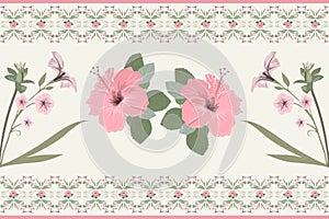 Vector seamless floral border pattern delicate pink flowers on a light pastel background, feminine motive fabric design, postcard