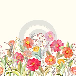 Vector seamless floral border. roses and wild flowers d