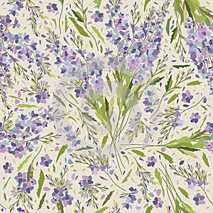 Vector seamless floral pattern with blue flowers and green leaves on light beige background.