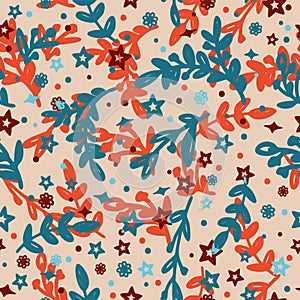 Vector seamless floral pattern with colorful leaves, flowers ans stars on light beige background