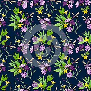Vector seamless floral pattern on a dark blue background small yellow and purple flowers and different