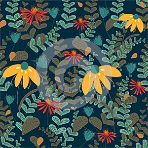 Vector seamless floral pattern on dark coloured background. Leaves and flowers pattern