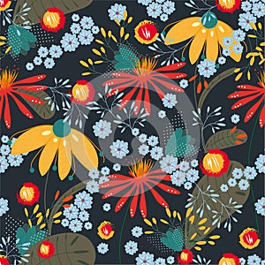 Vector seamless floral pattern on dark coloured background.Texture, background, wallpaper