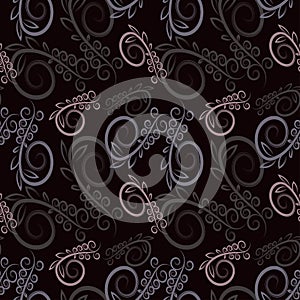 Vector seamless floral pattern with decorative leaves and pink abstract curls on dark background for textile design, fabric,