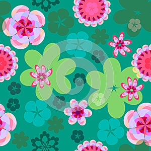 Vector seamless floral pattern of flowers on a bright green background, spring-summer background.