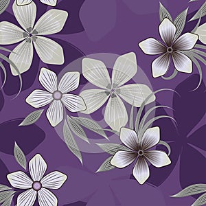 Vector seamless floral pattern in gray pastel colors and decorative shaded flowers with leaves on a violet background for shawl,