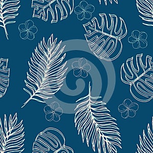 Vector seamless floral pattern of hand-drawn pink and green lines on blue background of monstera leaves and tropical plumeria