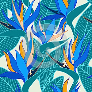 Vector seamless floral pattern with herbaceous plant of strelitzia.