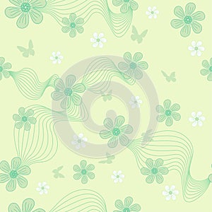 Vector seamless floral pattern with light greeen and white doodle flowers