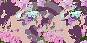 Vector seamless floral pattern in pastel colors, pink petunia and white eucharis flowers on a peach light background for fabric