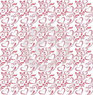 Vector Seamless floral pattern pink hearts and butterflies. Decorative ornament backdrop for fabric, textile, wrapping paper