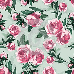 Vector seamless floral pattern with pink roses, watercolor