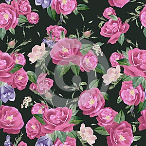 Vector seamless floral pattern with roses and freesia photo