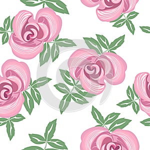 Vector seamless floral pattern of stylized roses isolated on white background. Pink flowers and green leaves close-up