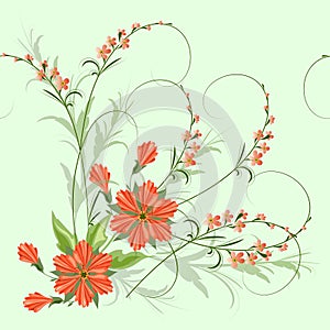 Vector seamless floral pattern of twigs with pink small flowers and red ornate flowers for the design of fabric, paper.