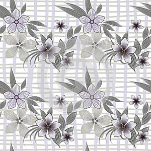 Vector seamless floral pattern of vertical and horizontal stripes in gray pastel colors and decorative shaded flowers with leaves