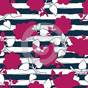 Vector seamless floral pattern, watercolor blue stripes and pink