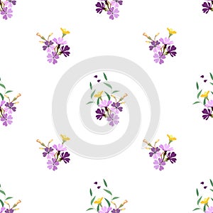 Vector seamless floral pattern on a white background small bouquets of lilac primrose