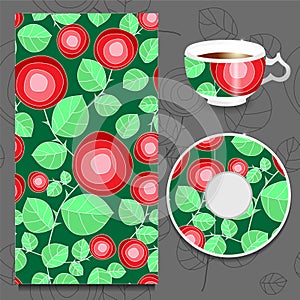 Vector seamless floral russian or slavs pattern with cup and pla