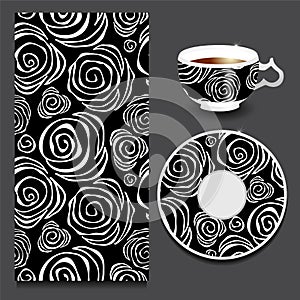 Vector seamless floral russian or slavs pattern with cup and pla