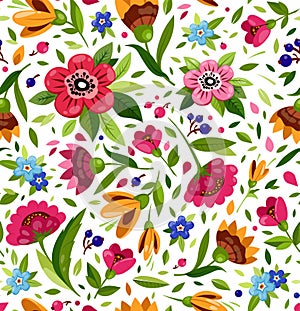 Vector seamless flower pattern. Cute floral pattern with colorful flowers, berry, leaves. Bright, warm summer pattern.
