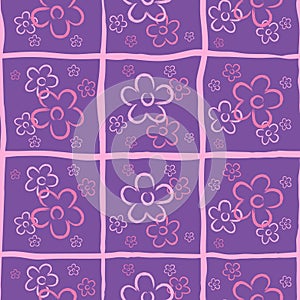 Vector seamless flower print. Ongoing pattern of purple stripled simple flowers.