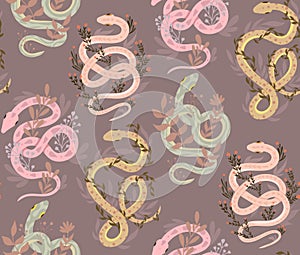 Vector seamless gentle pattern with serpents and plant stems on a dark background. Animalistic texture with curled snakes and