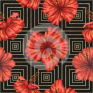 Vector seamless geometric pattern with bright red hibiscus flowers on black background