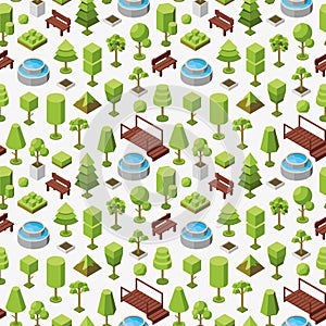 Vector seamless geometric pattern of isometric trees and outdoor furniture icons