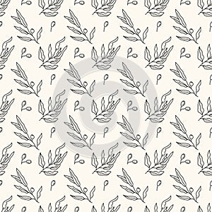 Vector seamless geometric pattern with olive tree branches and olives in doodle style. Hand drawn liner olives