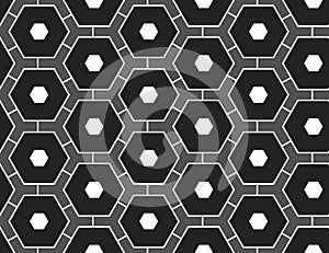 Vector seamless geometric pattern. Shaped white, black, grey hexagons and lines on black background