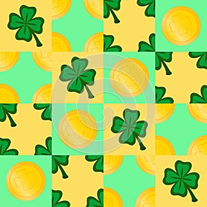 Vector seamless geometric pattern for St. Patrick's Day. Gold coins and clover.