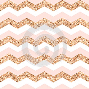Vector seamless geometric zigzag pattern with rose gold glitter and pink lines on white background