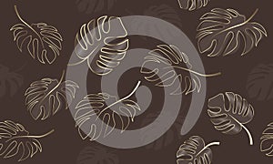 Vector Seamless Gold Hand drawing Palm Leaves on a Brown Background. Tropical, photo