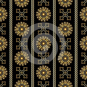 Vector seamless gold vintage ornamental pattern on black background