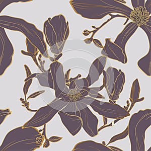 Vector seamless golden floral pattern with magnolia flowers and leaves.