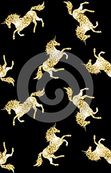 Vector seamless golden glitter unicorn silhouette pattern isolated on black background