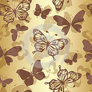 Vector seamless golden pattern with silhouettes of flying colorful butterflies