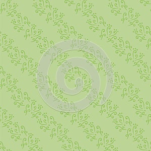 Vector seamless green pattern with curls and dots vegetative natural diagonal stripes.