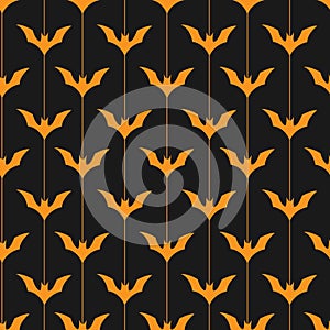 Vector seamless Halloween pattern. Orange icons bats with stripes on black background.