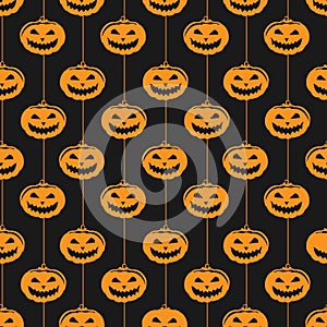 Vector seamless Halloween pattern. Orange icons scary pumpkins with stripes on black background.